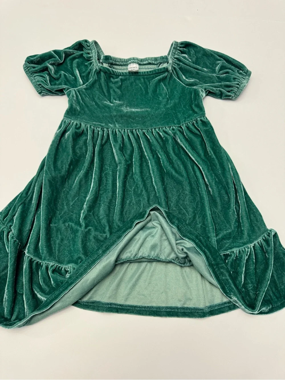 Carter's Girls' Velvet Puff Short Sleeve Dress in Emerald Size 6X
